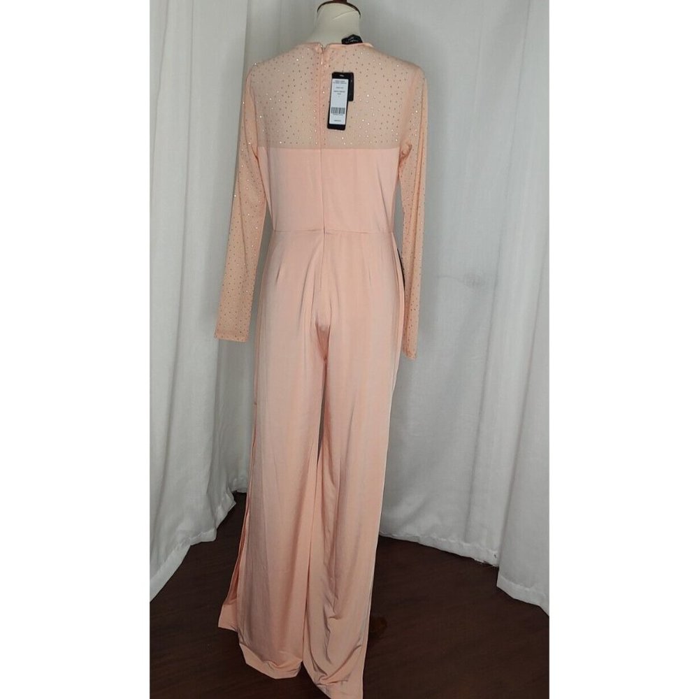 BEBE Jumpsuit L Peach Parfait Embellished Illusion Wide Leg Cocktail Stretch - Picture 8 of 12